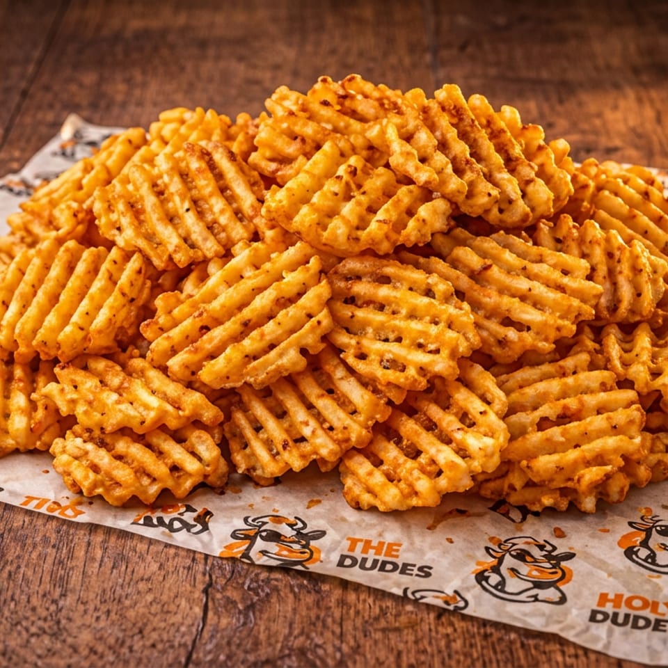 A large pile of golden, seasoned waffle fries sits on branded Holy Dudes parchment paper.