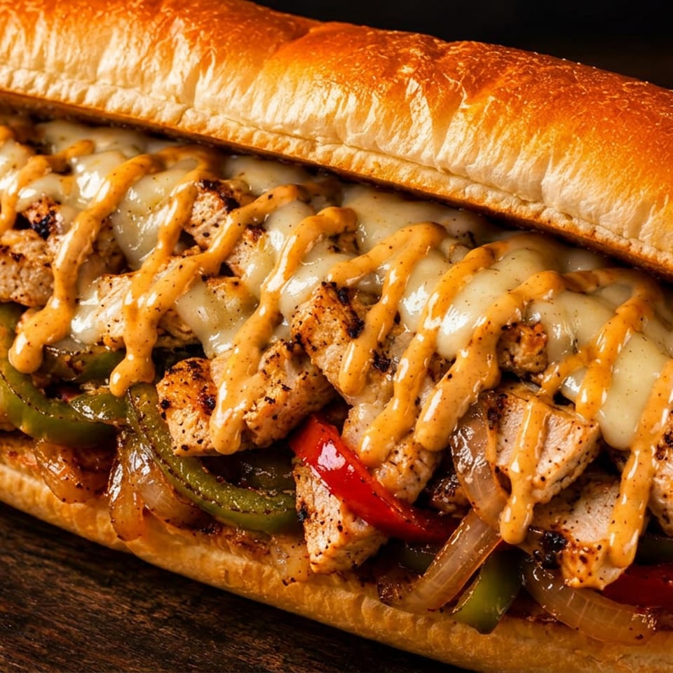 Grilled chicken sub sandwich with melted cheese, peppers, onions, and a creamy sauce on a wooden surface.