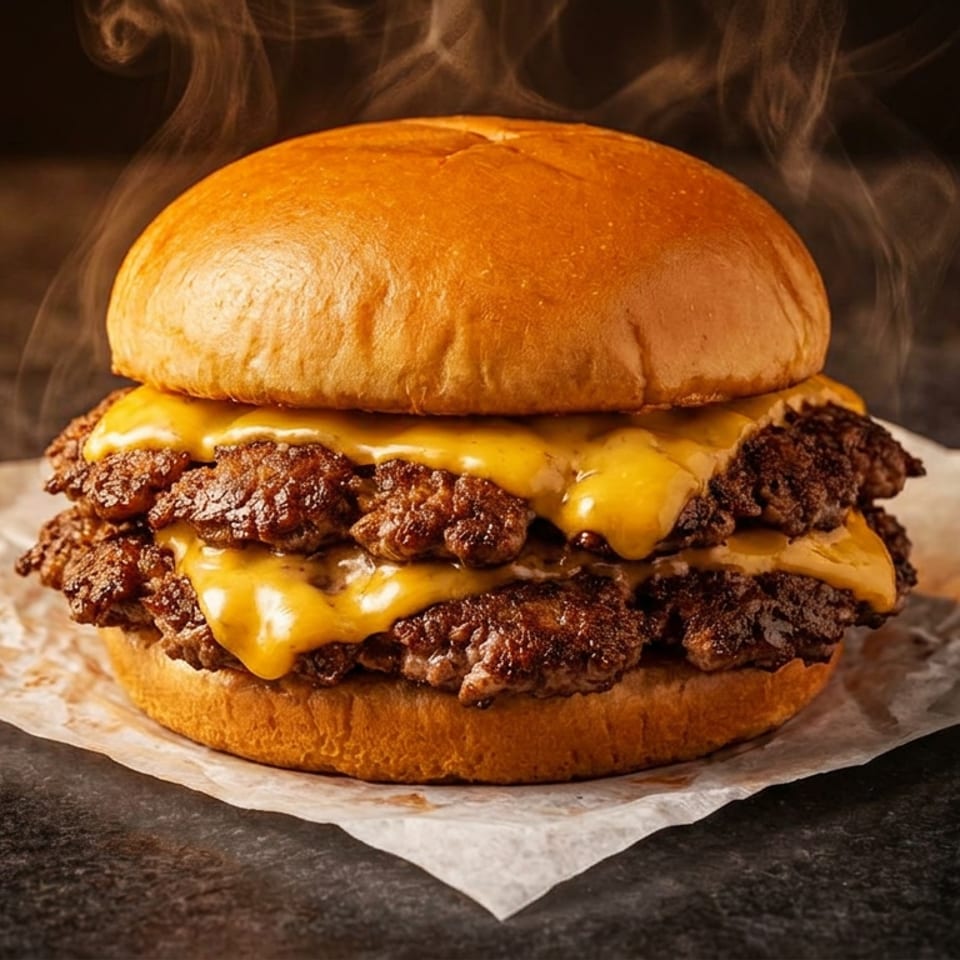 Steaming hot double cheeseburger with melted cheese on a bun, served on white parchment paper.