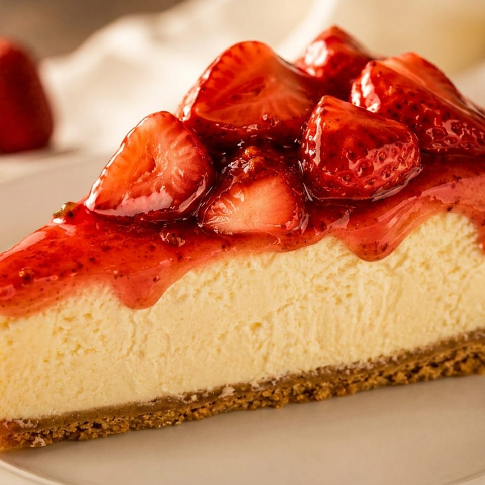 A slice of strawberry cheesecake with a graham cracker crust on a white plate.