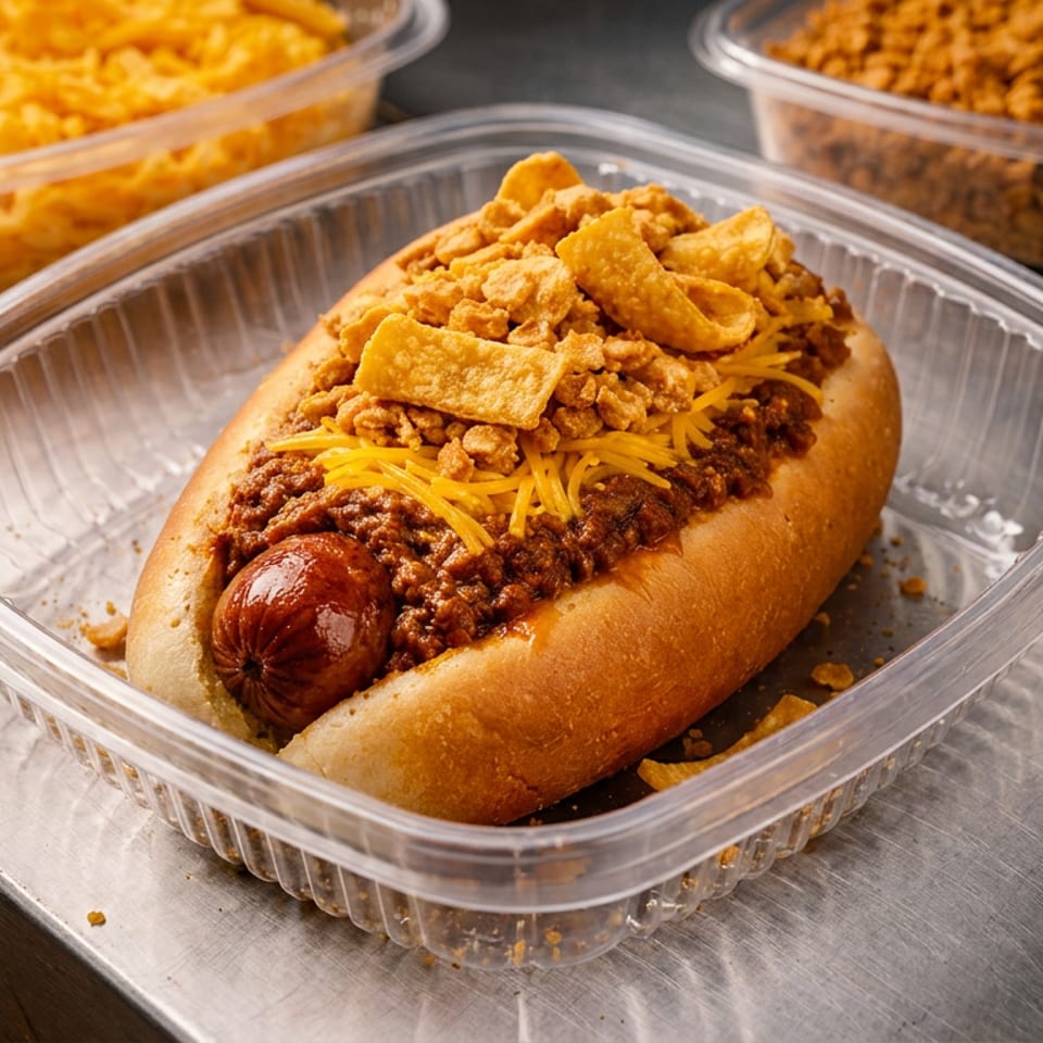 Chili cheese dog with Fritos and shredded cheese in a plastic to-go container.