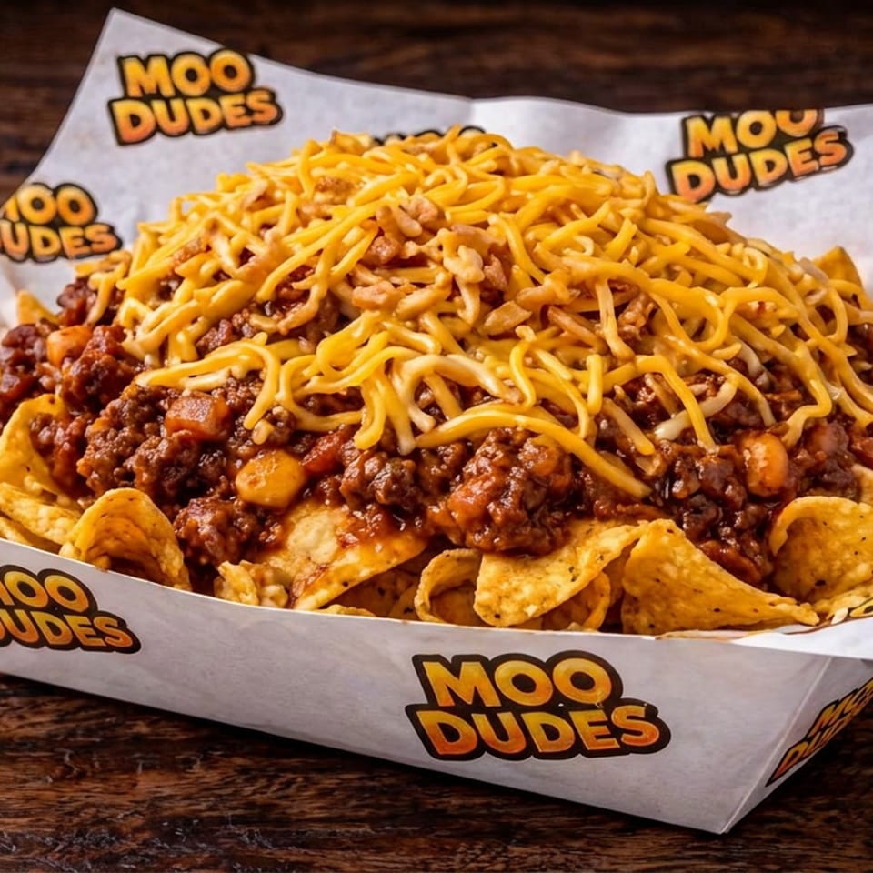 Moo Dudes chili cheese nachos, a generous serving of tortilla chips topped with chili and shredded cheese.
